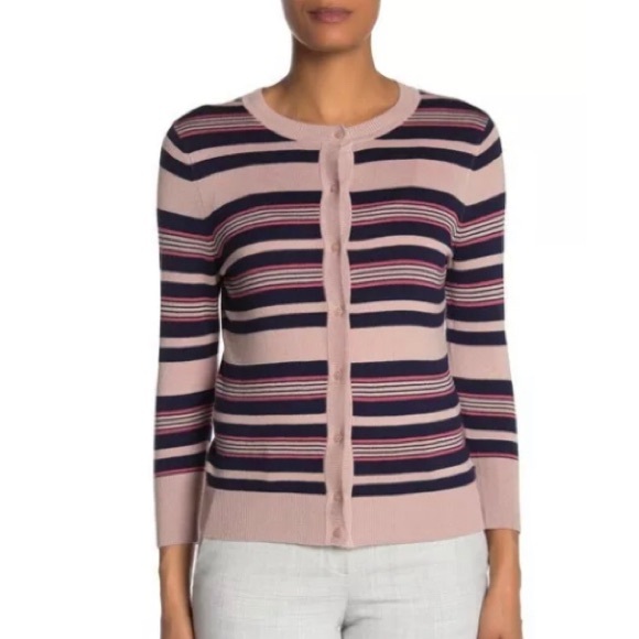 HALOGEN CARDIGAN STRIPED BUTTON DOWN SWEATER NEW XS PETITE NORDSTROM NAVY BEIGE - Picture 3 of 3